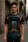 A person wearing a t-shirt with a graphic design featuring a hallway leading to a vanishing point with a figure standing in the doorway.
